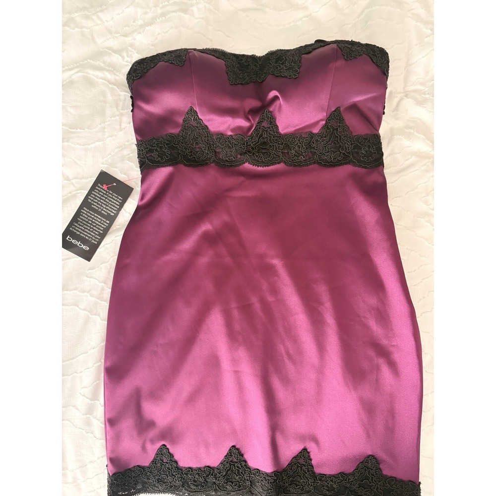 NWT BEBE Strapless Purple and Black Lace Trim Fitted Sateen Dress Size 10